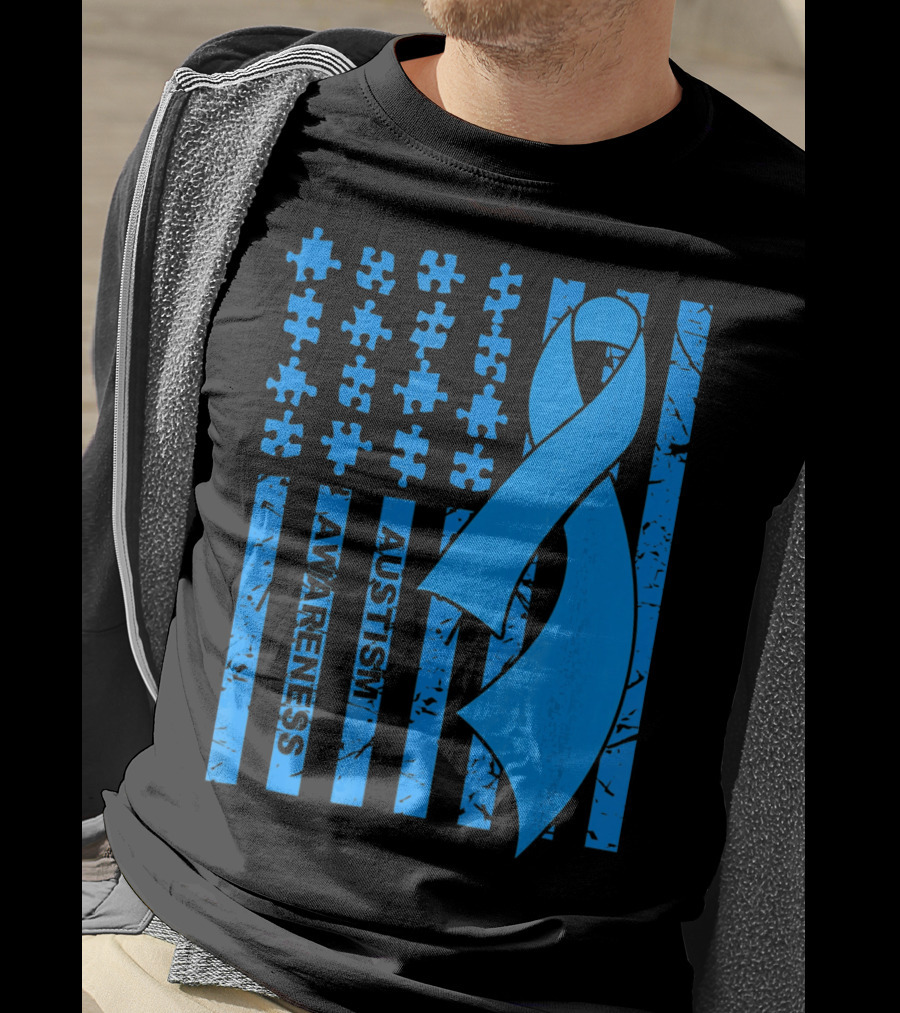 Autism Awareness Flag With Puzzle Pieces And Blue T-Shirt