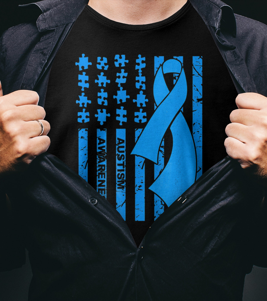 Autism Awareness Flag With Puzzle Pieces And Blue T-Shirt