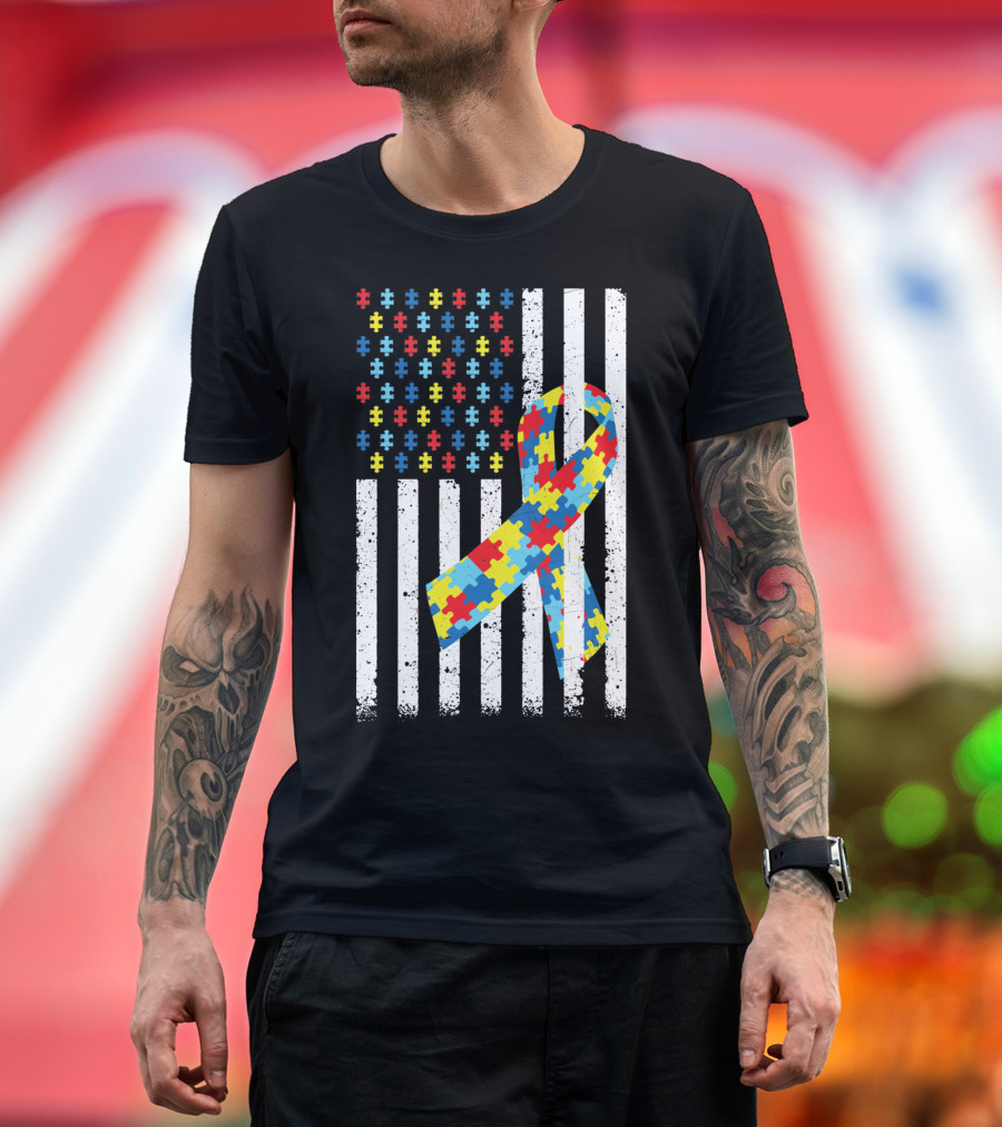 American Flag Puzzle Ribbon Autism Awareness T-Shirt