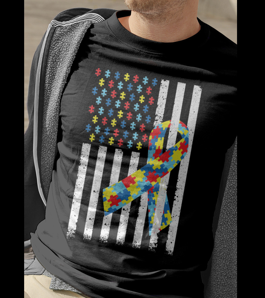 American Flag Puzzle Ribbon Autism Awareness T-Shirt