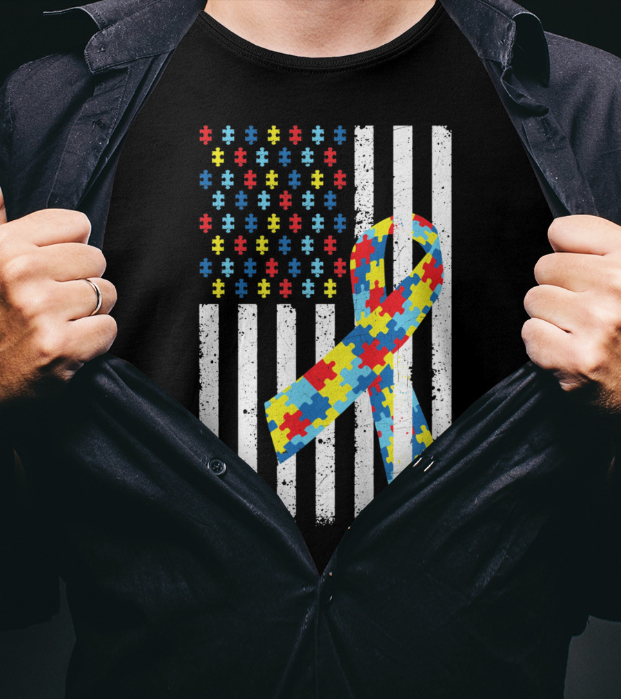 American Flag Puzzle Ribbon Autism Awareness T-Shirt