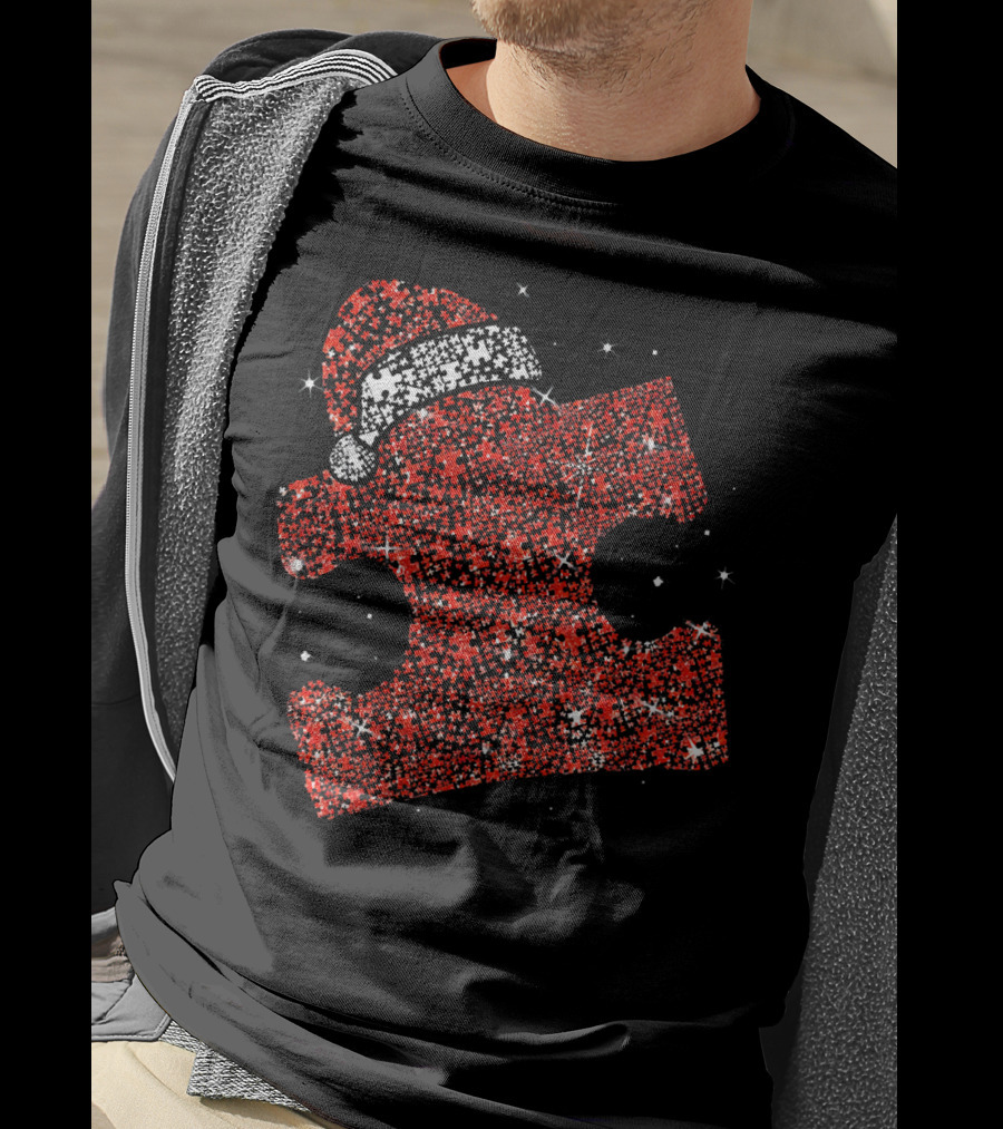 Autism Awareness Xmas Christmas Puzzle Piece With Santa Hat T-Shirt