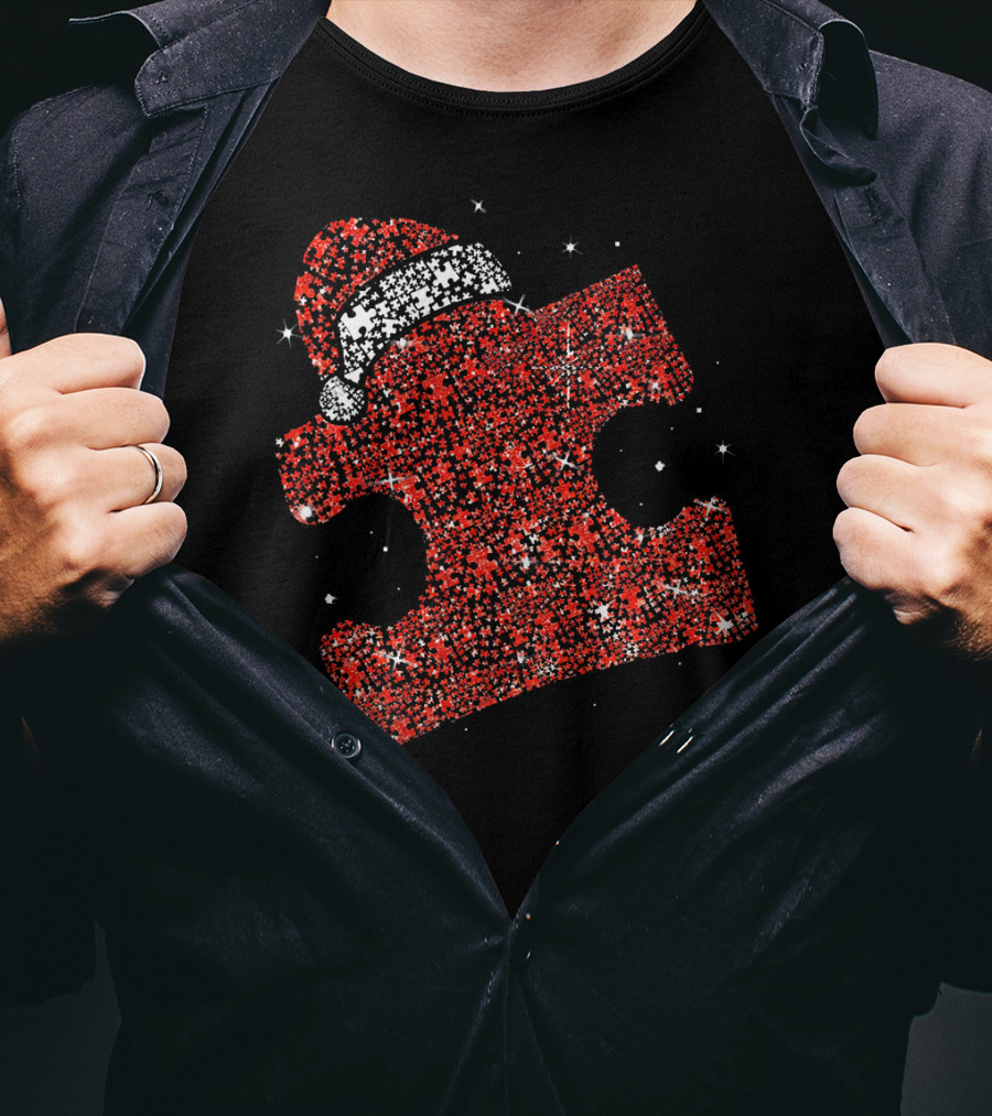 Autism Awareness Xmas Christmas Puzzle Piece With Santa Hat T-Shirt