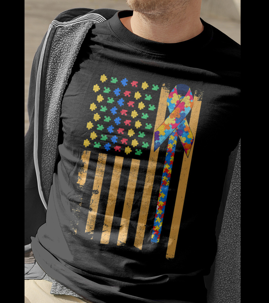 Autism Awareness Day American Flag Puzzle Ribbon T-Shirt