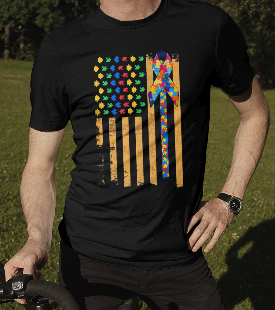 Autism Awareness Day American Flag Puzzle Ribbon T-Shirt