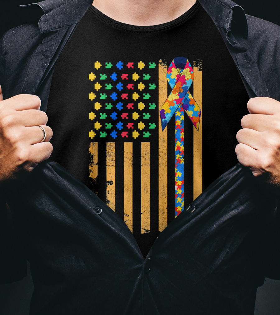 Autism Awareness Day American Flag Puzzle Ribbon T-Shirt