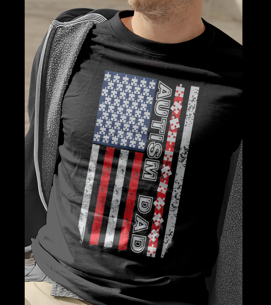 Mens Autism Dad American Flag Puzzle Piece Awareness T-Shirt