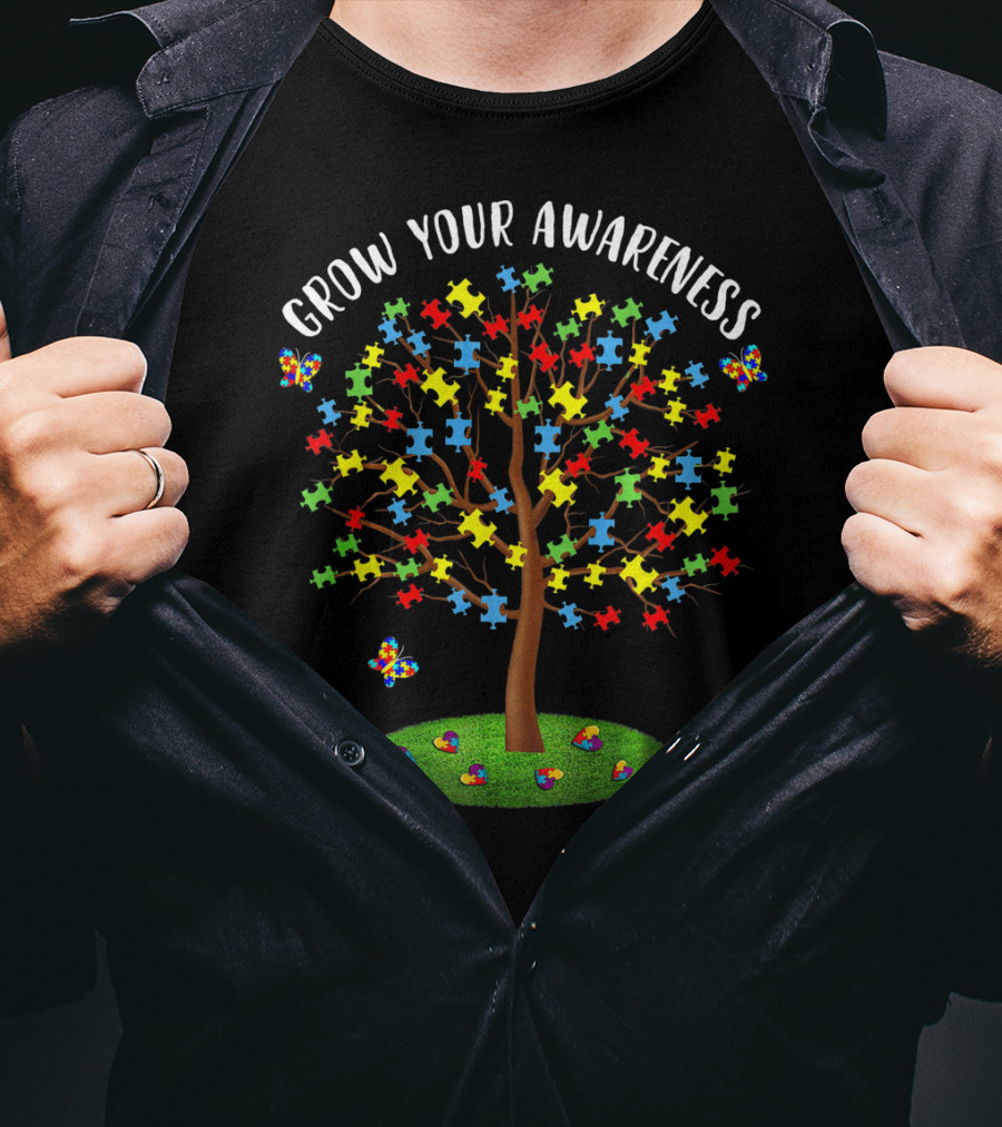 Grow Your Autism Awareness Tree With Puzzle Pieces And Butterflies T-Shirt