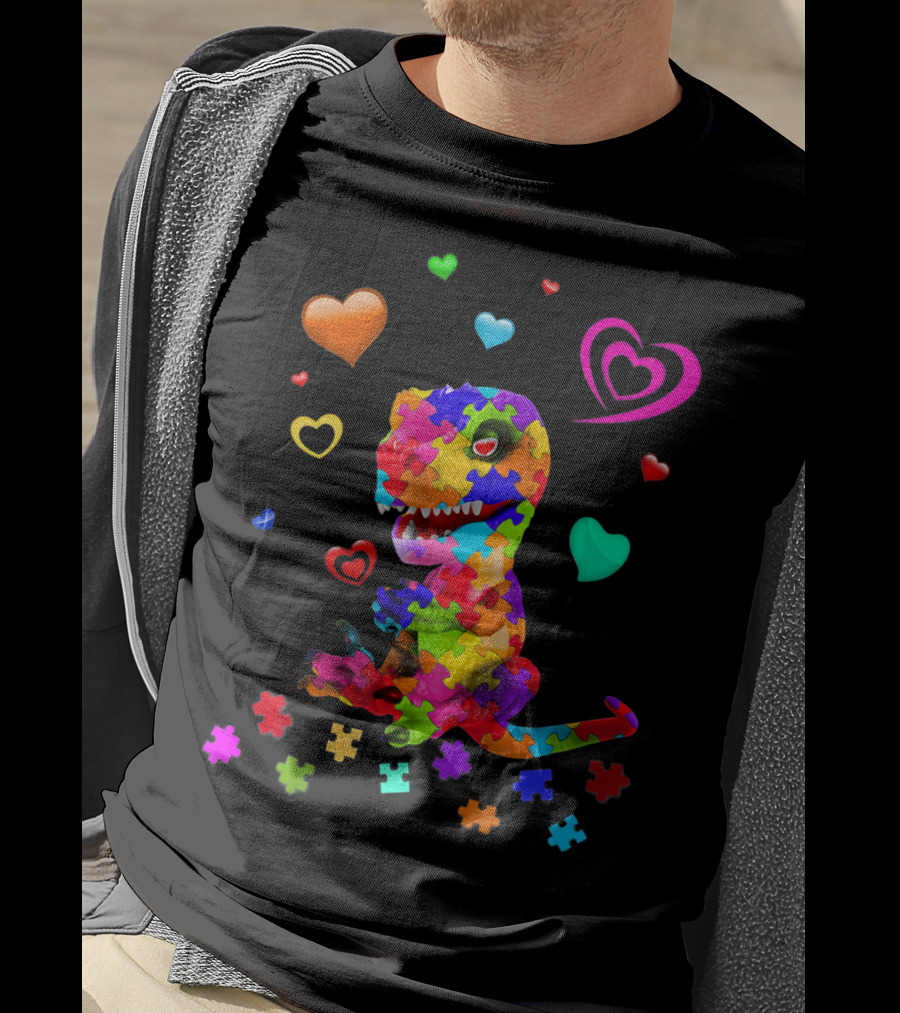 Autism Awareness Dinosaur Puzzle Pieces And Colorful Hearts T-Shirt