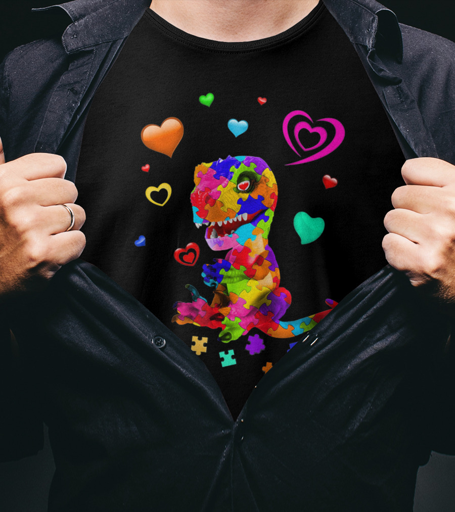 Autism Awareness Dinosaur Puzzle Pieces And Colorful Hearts T-Shirt