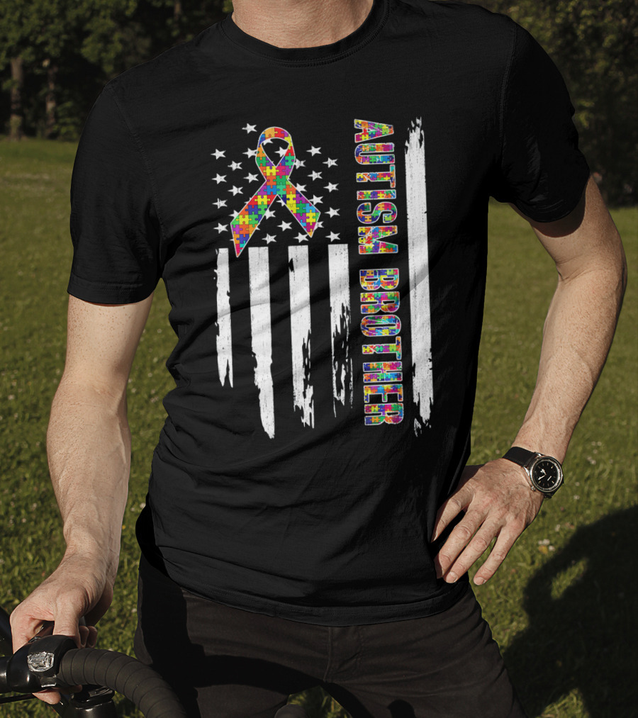 Autism Brother American Flag Puzzle Ribbon Stars Stripes T-Shirt