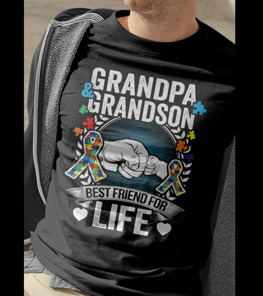 Grandpa And Grandson Best Friend For Life Autism Awareness Fist Bump Puzzle T-Shirt