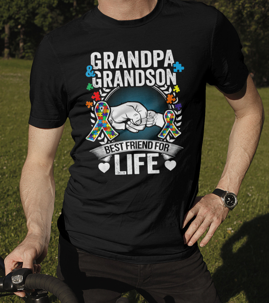 Grandpa And Grandson Best Friend For Life Autism Awareness Fist Bump Puzzle T-Shirt