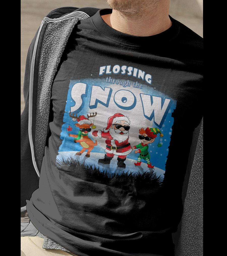 Flossing Through The Snow Santa Elf Reindeer T-Shirt