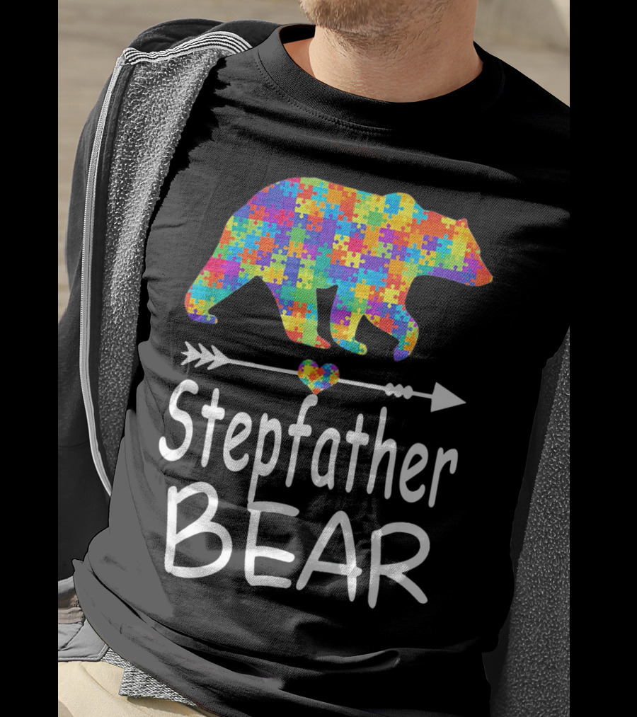 Stepfather Bear Puzzle Pattern Autism Awareness Family T-Shirt