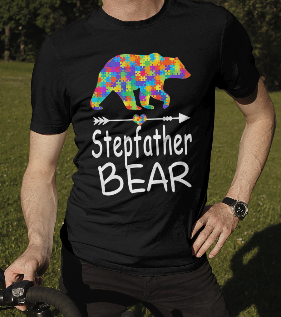 Stepfather Bear Puzzle Pattern Autism Awareness Family T-Shirt