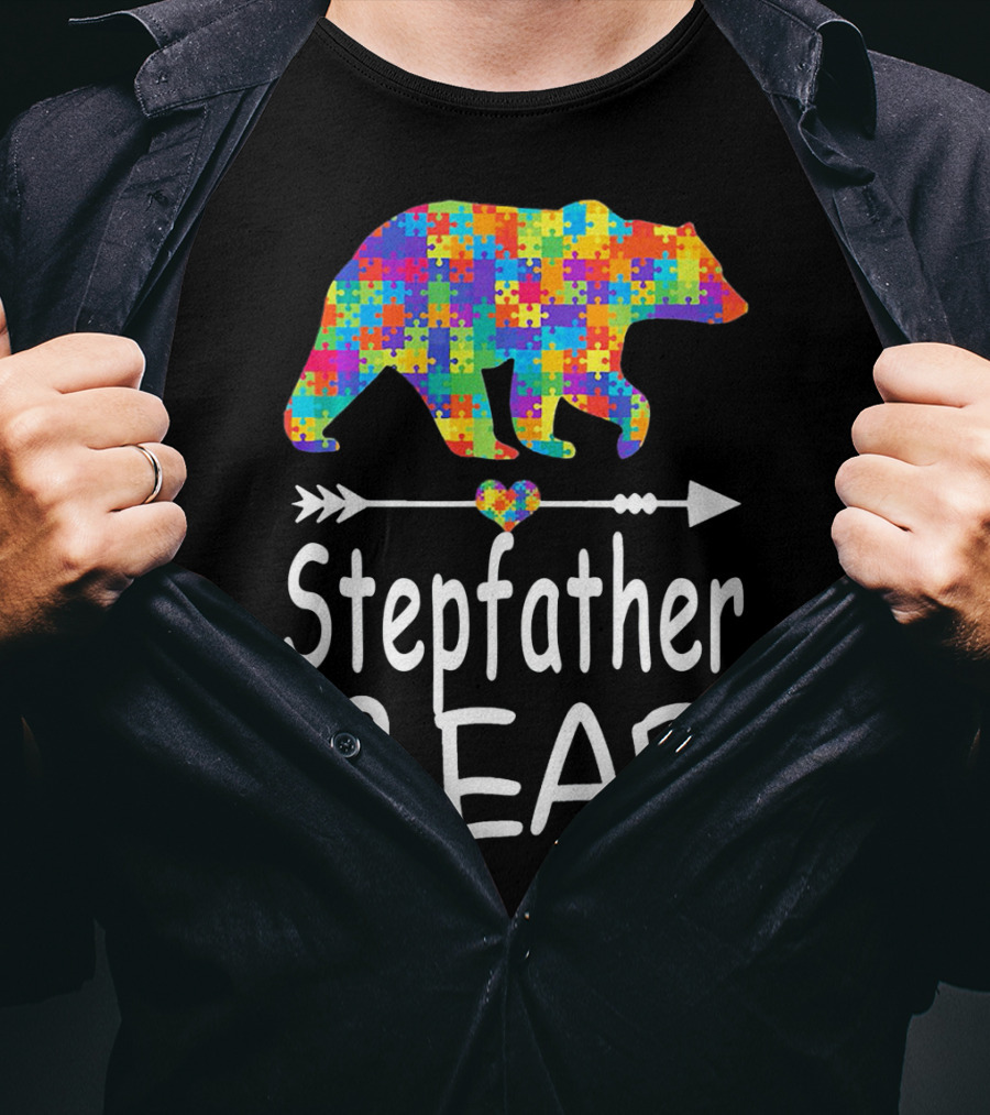 Stepfather Bear Puzzle Pattern Autism Awareness Family T-Shirt