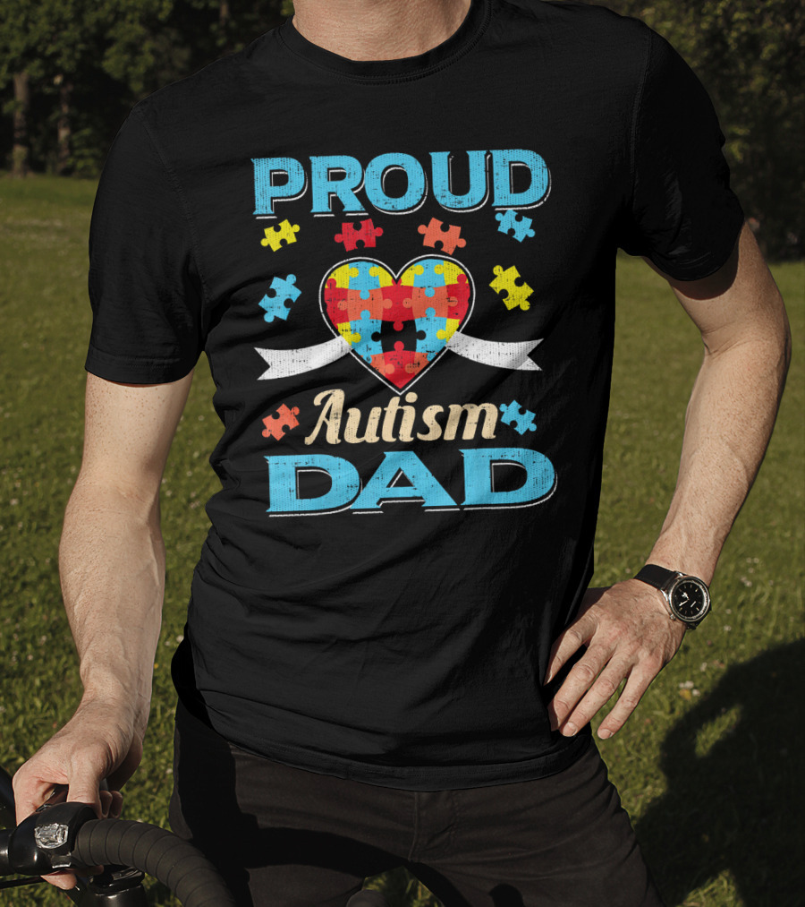Proud Autism Dad Puzzle Heart Autism Awareness T-Shirt