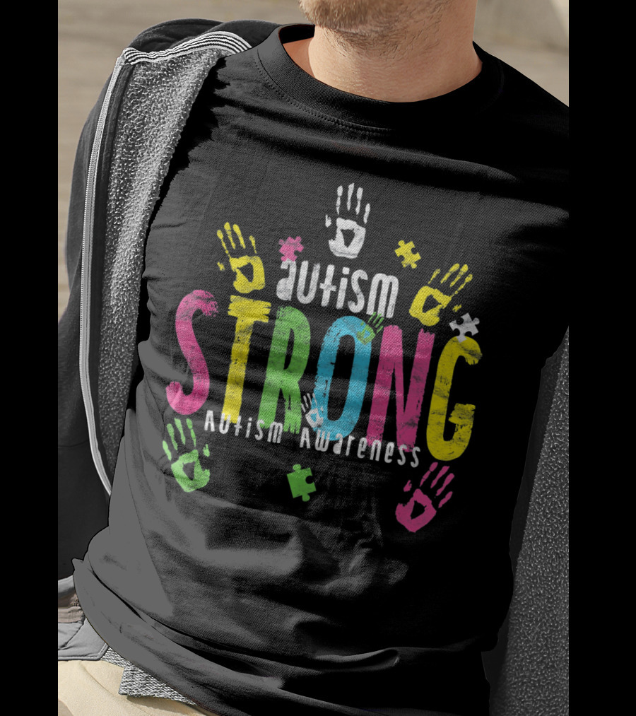 Autism Strong Autism Awareness Puzzle Piece Handprints T-Shirt