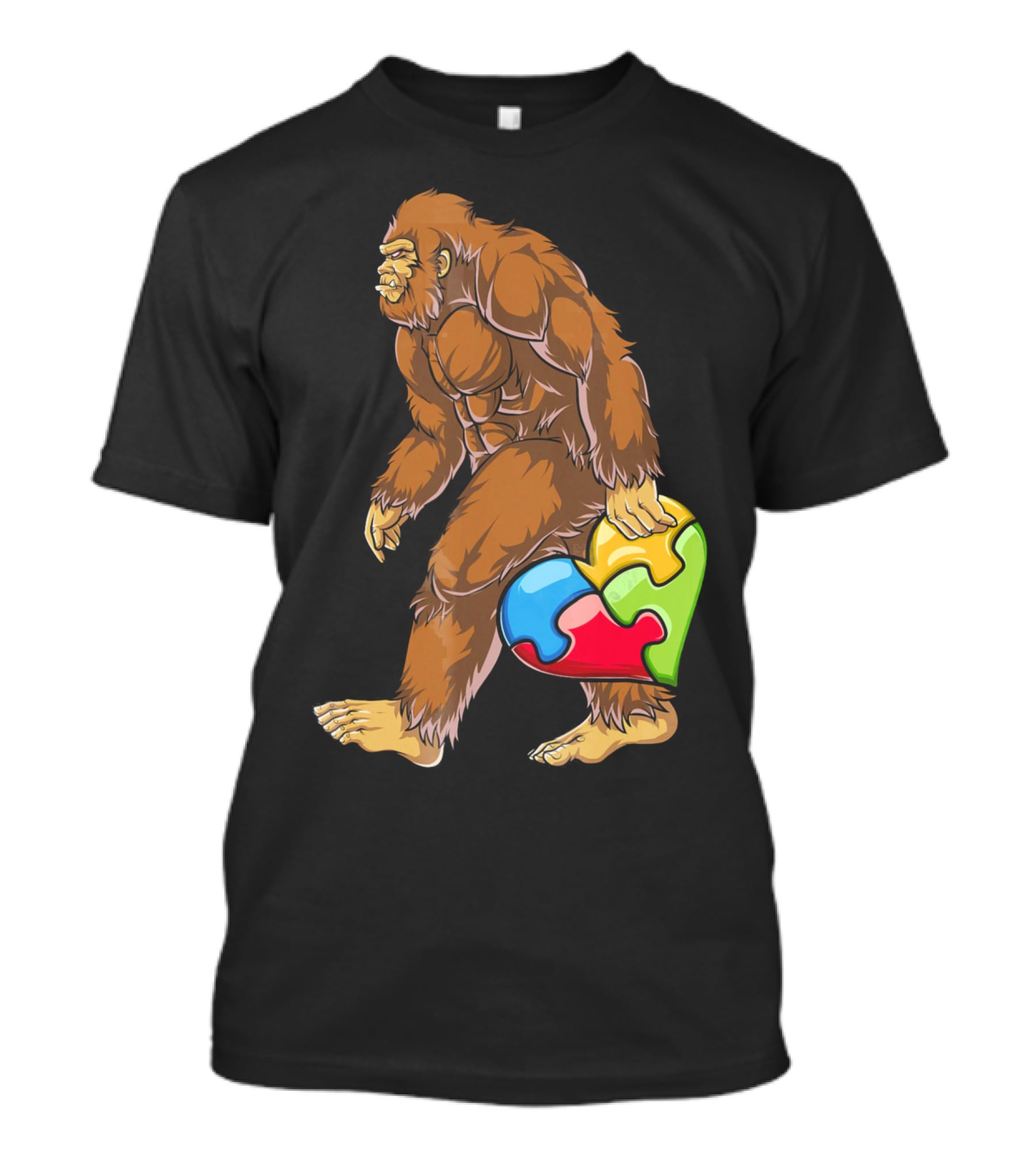 Bigfoot Holding Puzzle Piece Heart Autism Awareness T-Shirt