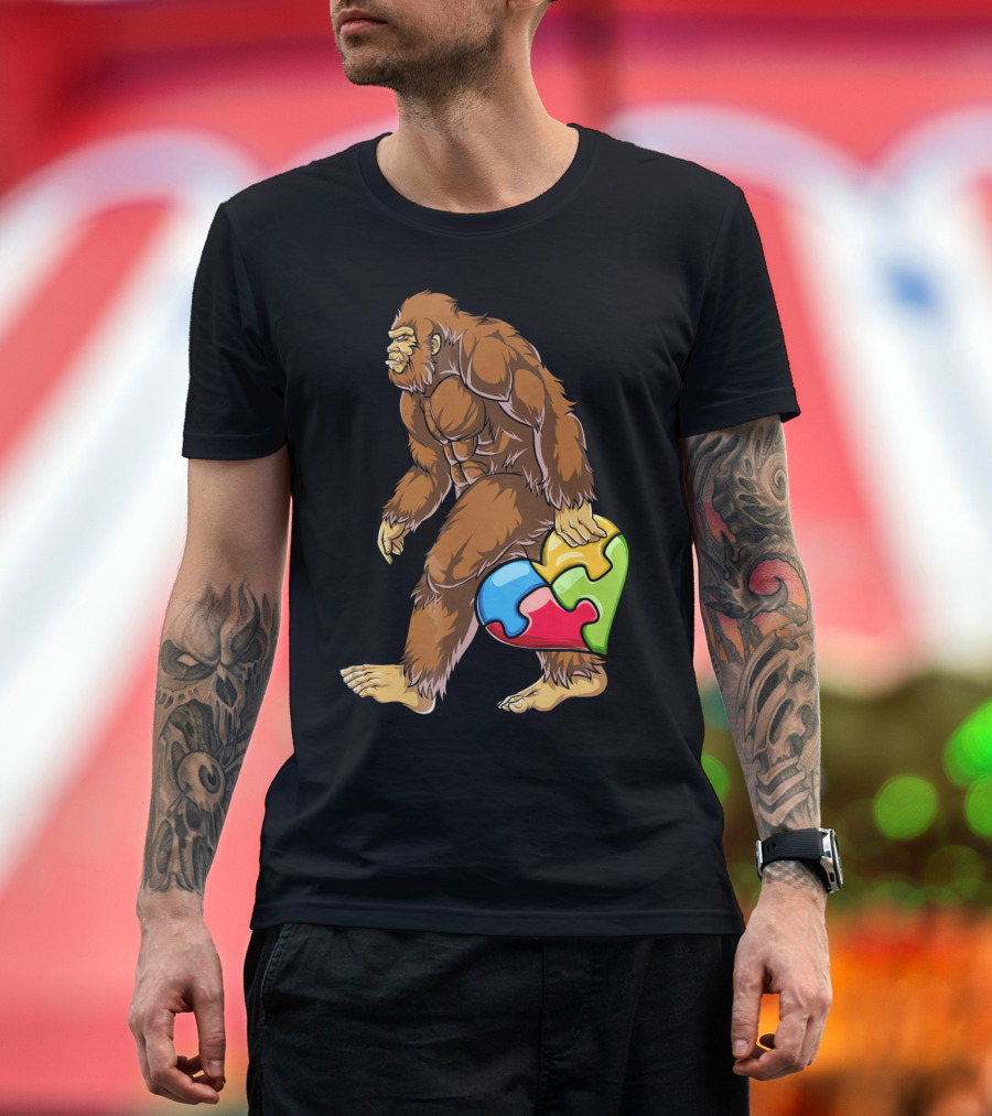 Bigfoot Holding Puzzle Piece Heart Autism Awareness T-Shirt