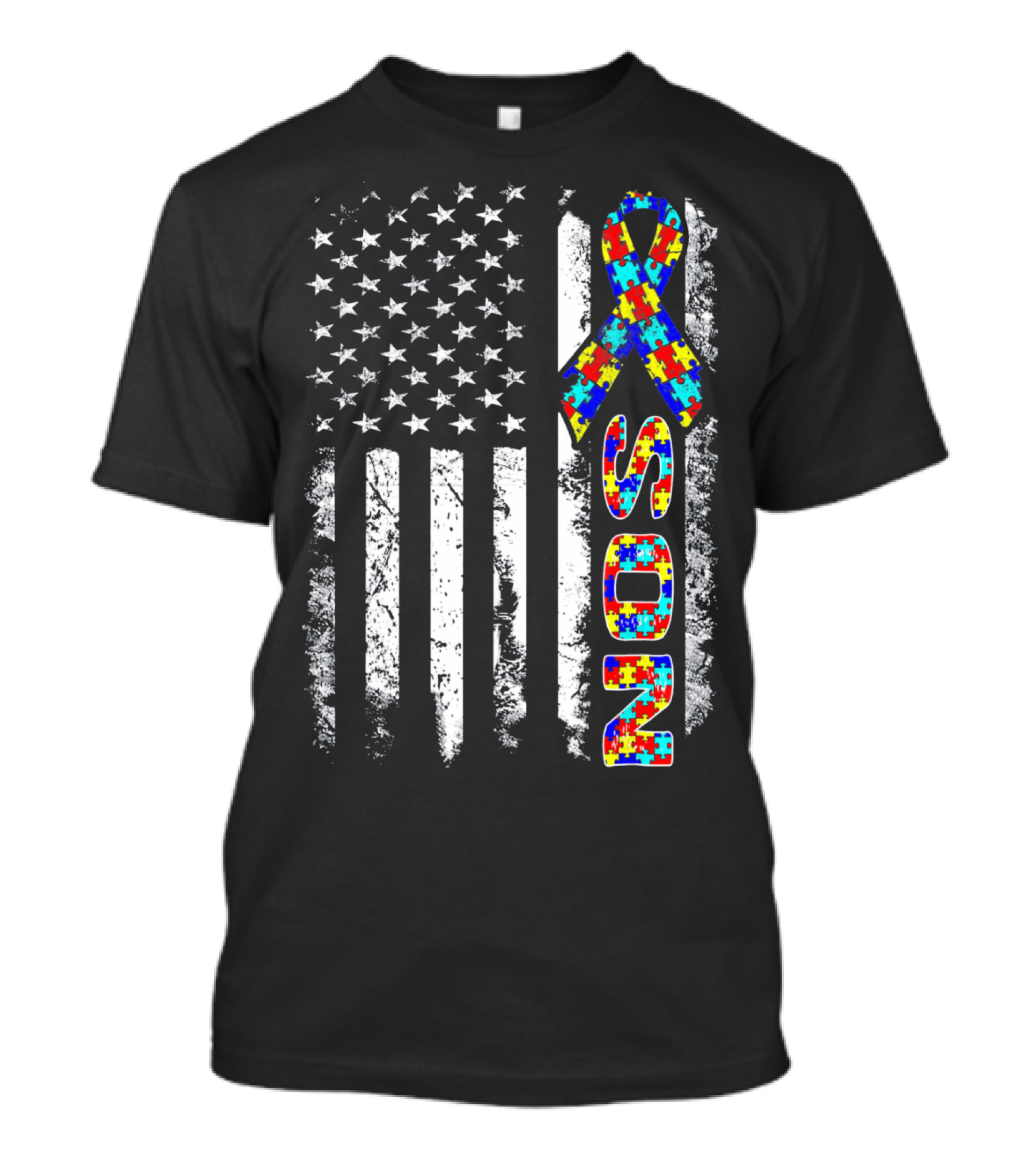 Son Autism Awareness Puzzle Ribbon American Flag T-Shirt