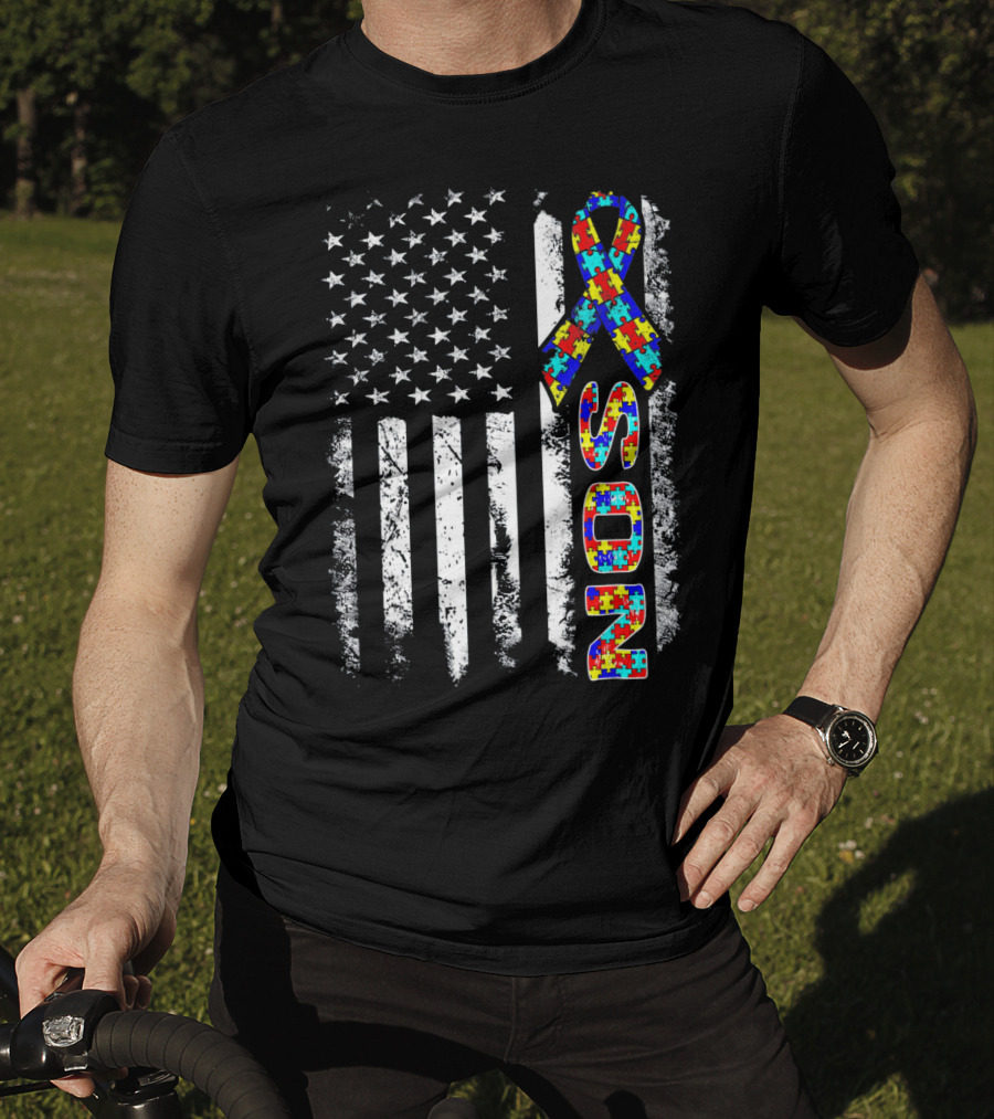 Son Autism Awareness Puzzle Ribbon American Flag T-Shirt