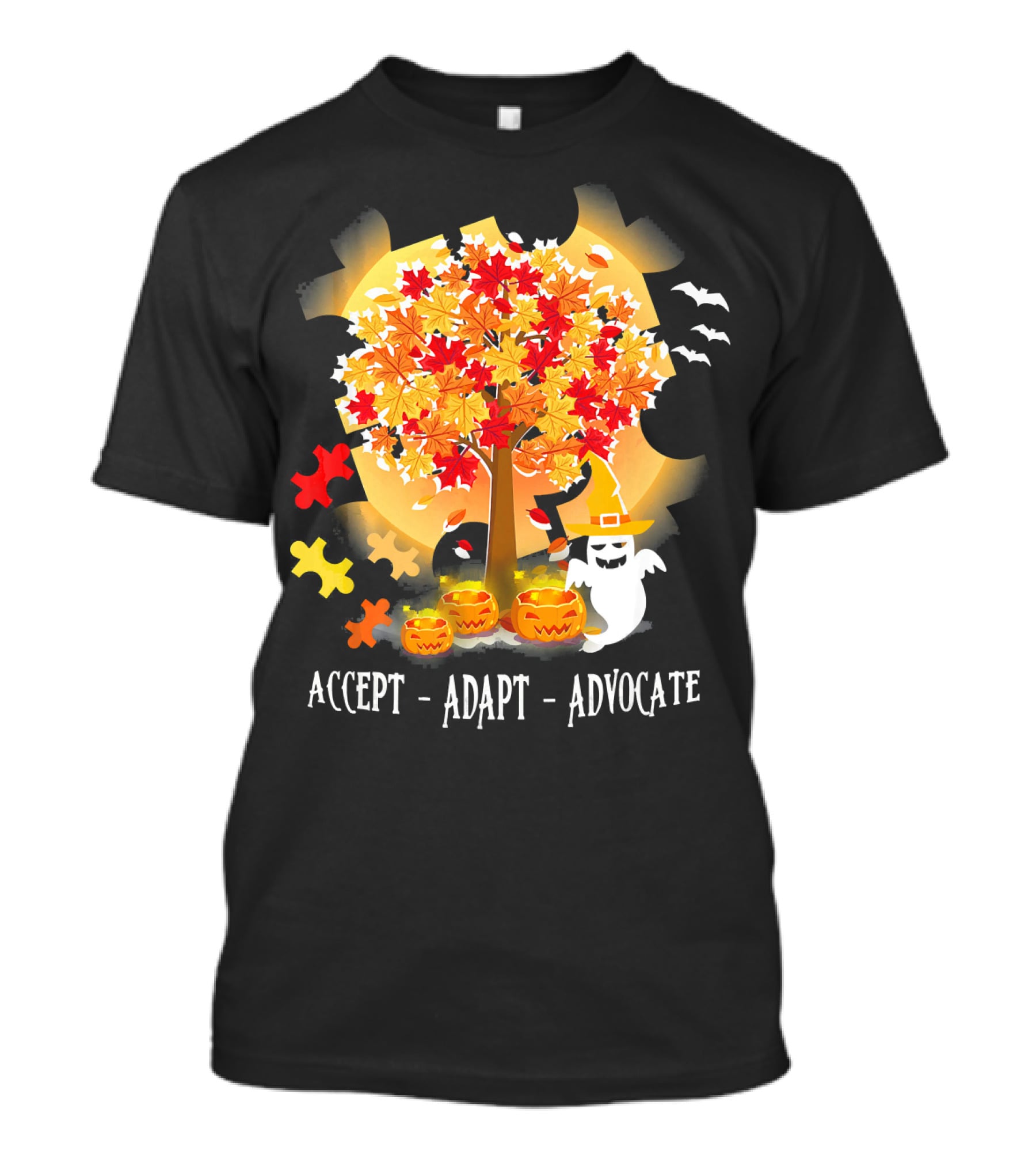 Accept Adapt Advocate Halloween Autism Awareness Ghost Pumpkin Puzzle Bats T-Shirt
