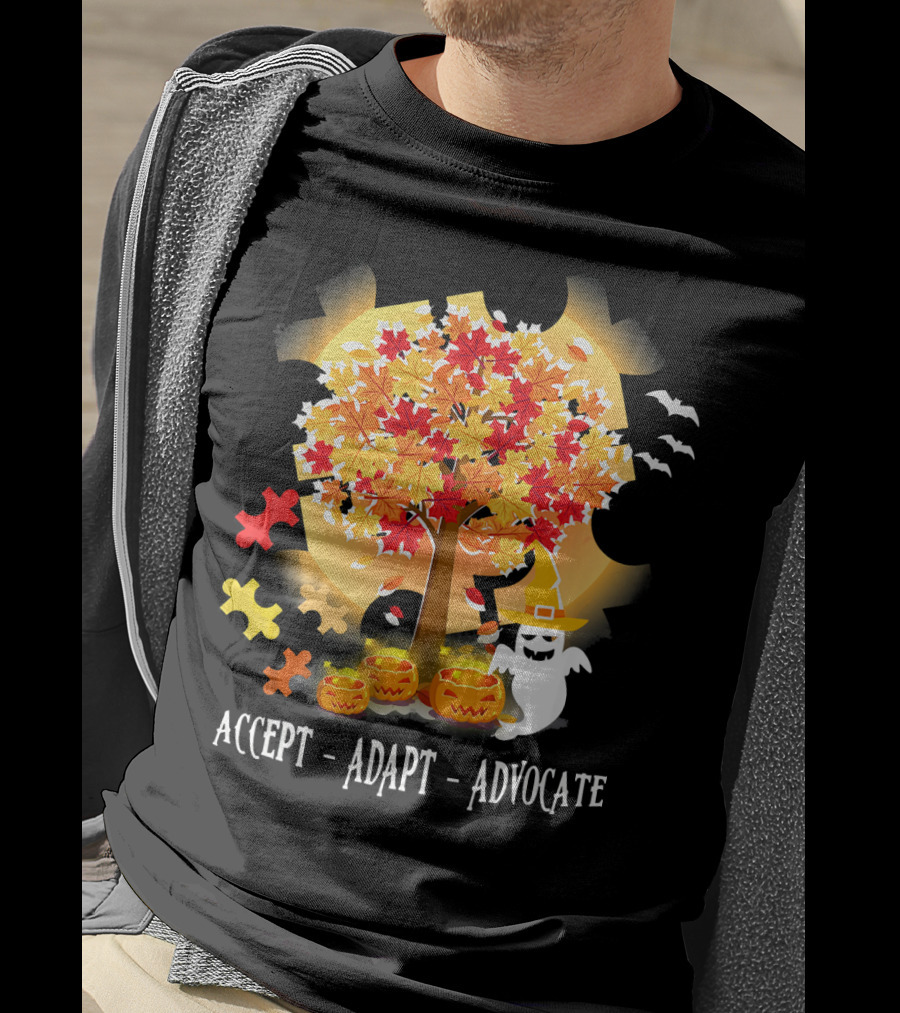 Accept Adapt Advocate Halloween Autism Awareness Ghost Pumpkin Puzzle Bats T-Shirt