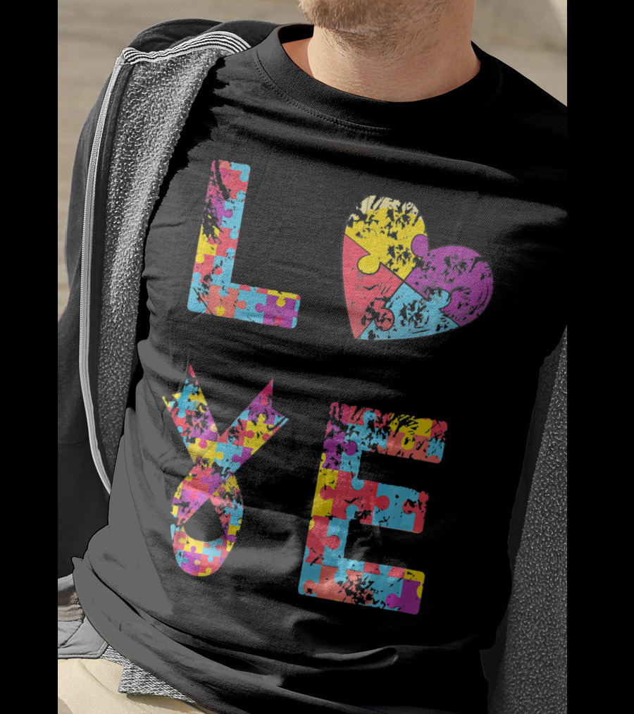 Autism Awareness Love Puzzle Heart Ribbon Design For Women Men Kids Rib T-Shirt