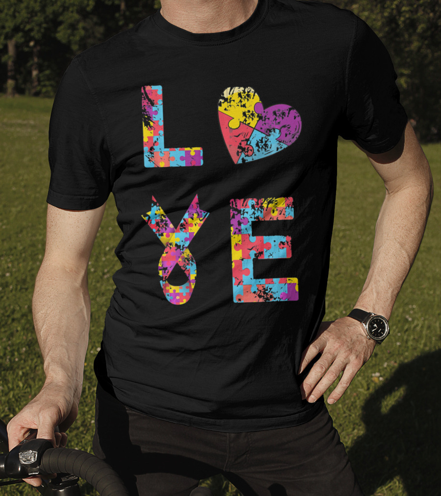 Autism Awareness Love Puzzle Heart Ribbon Design For Women Men Kids Rib T-Shirt