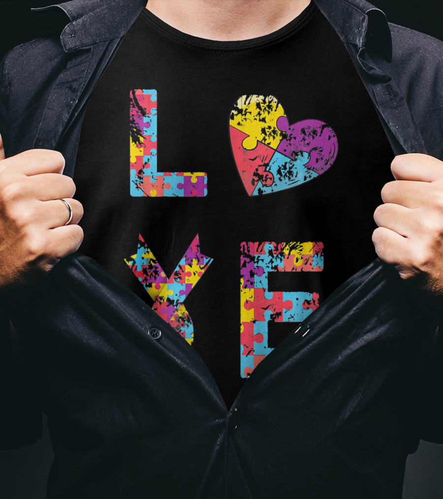 Autism Awareness Love Puzzle Heart Ribbon Design For Women Men Kids Rib T-Shirt