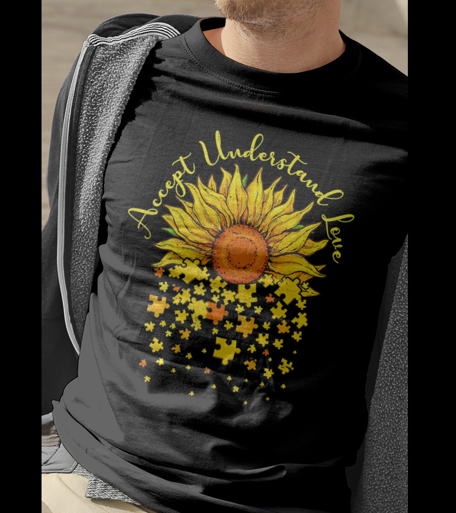 Accept Understand Love Sunflower Autism Awareness Puzzle Pieces T-Shirt