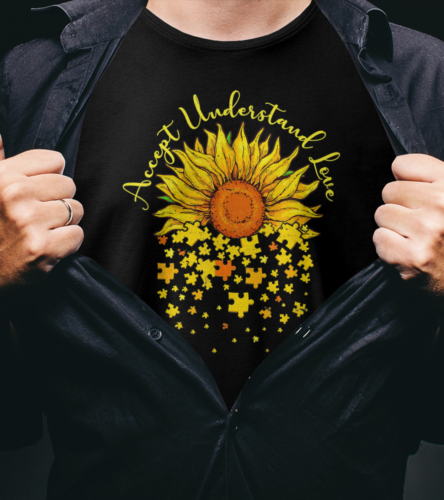 Accept Understand Love Sunflower Autism Awareness Puzzle Pieces T-Shirt