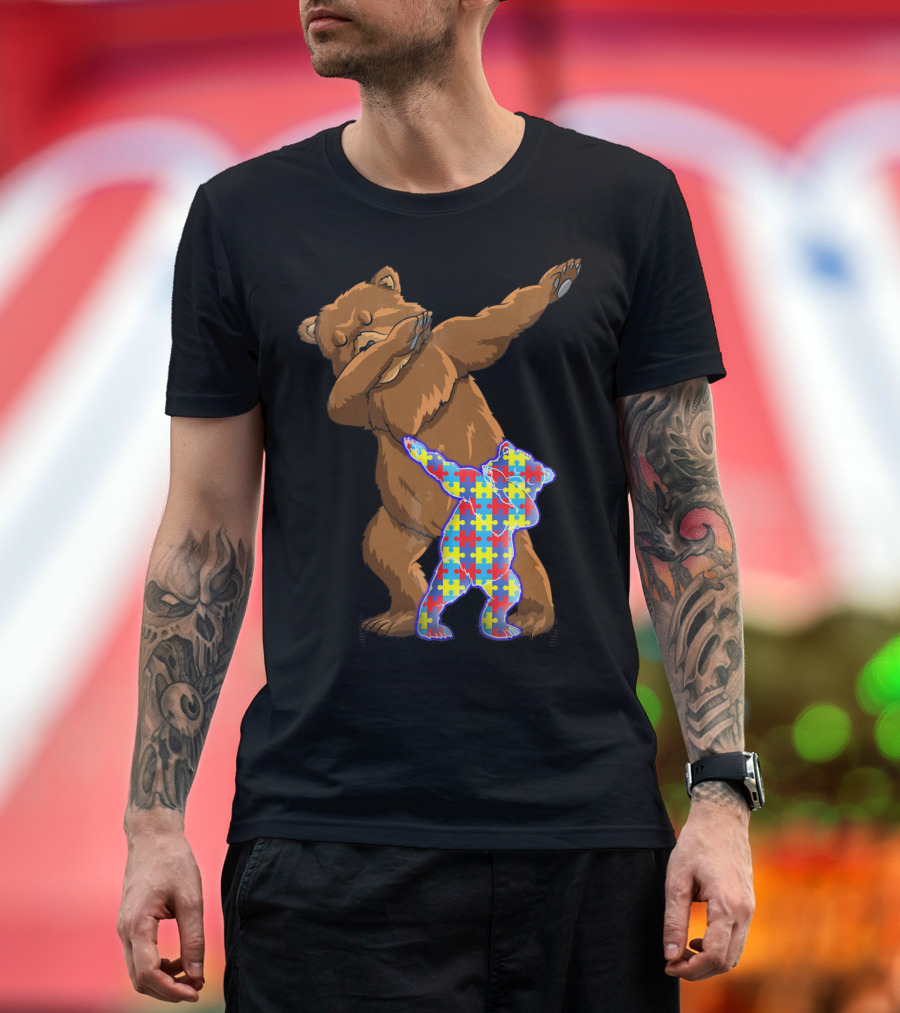 Dabbing Mama Bear with Autism Puzzle Pattern Cub T-Shirt