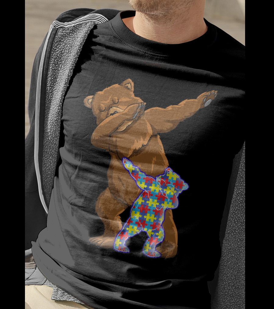 Dabbing Mama Bear With Autism Puzzle Pattern Cub T-Shirt