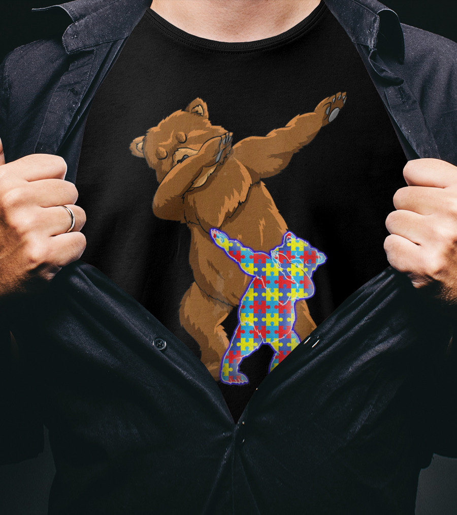 Dabbing Mama Bear With Autism Puzzle Pattern Cub T-Shirt