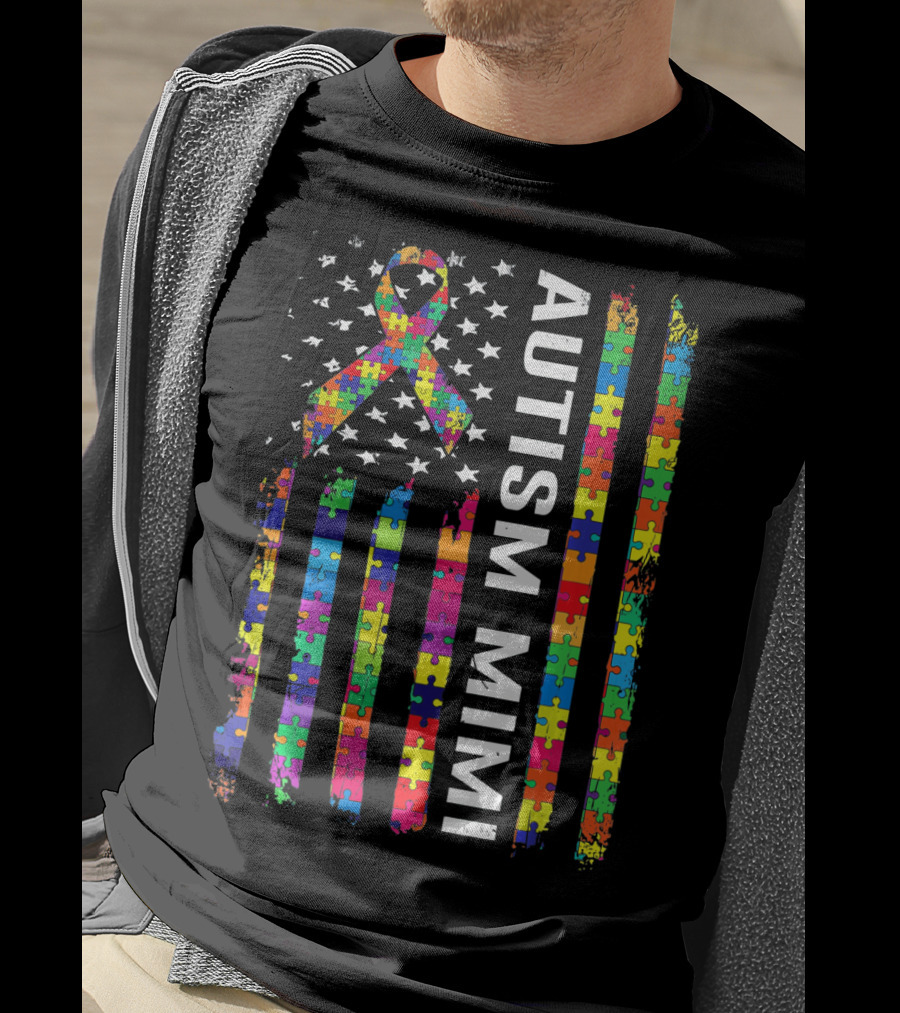 Autism Mimi Puzzle Ribbon American Flag T-Shirt