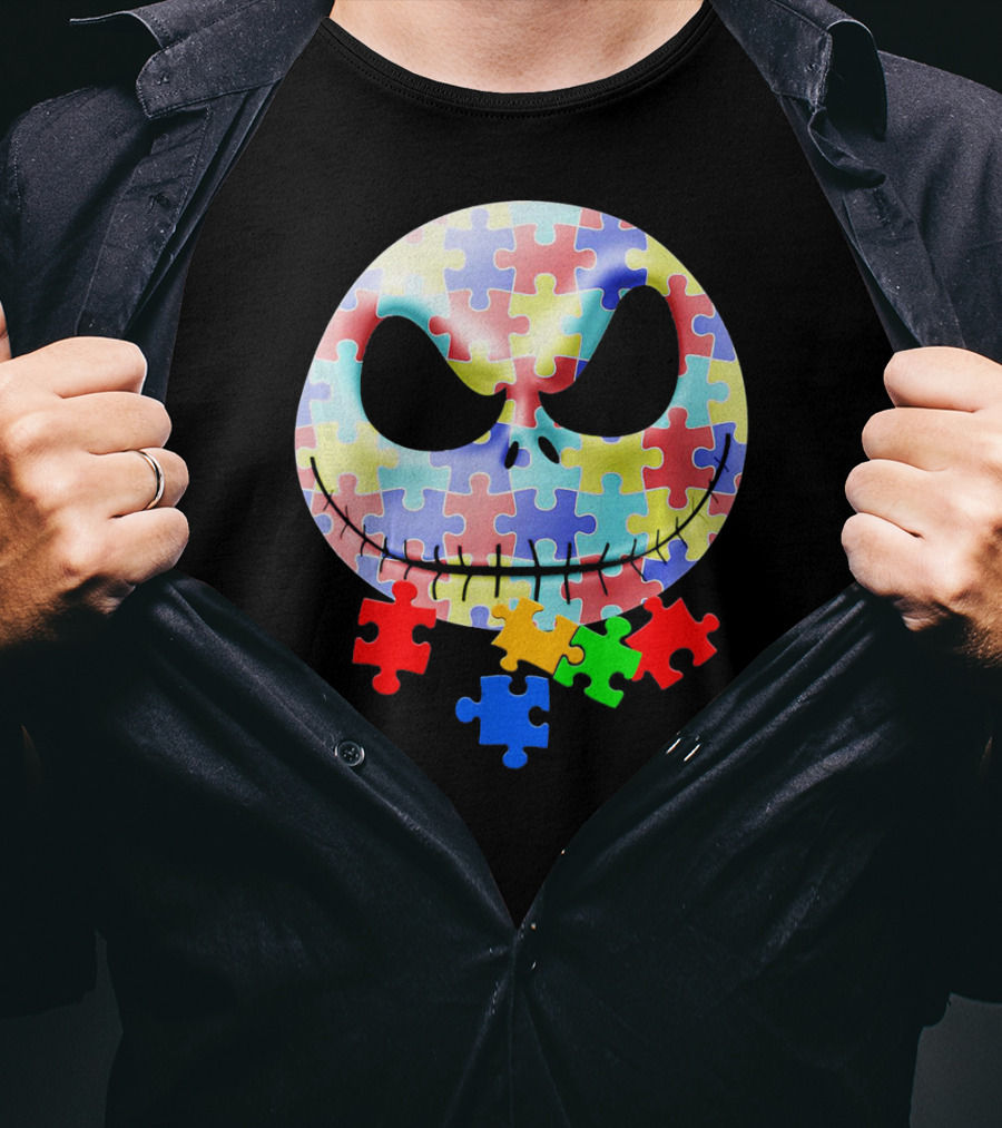 Jacks Skellingtons Faces Autism Awareness Puzzle T-Shirt