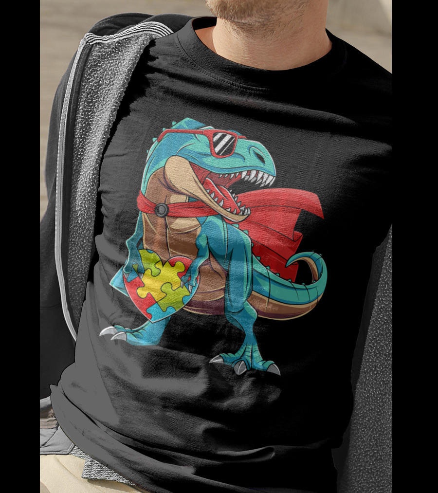 Autism Awareness Dinosaur Puzzle With Superhero Cape And Sunglasses T-Shirt