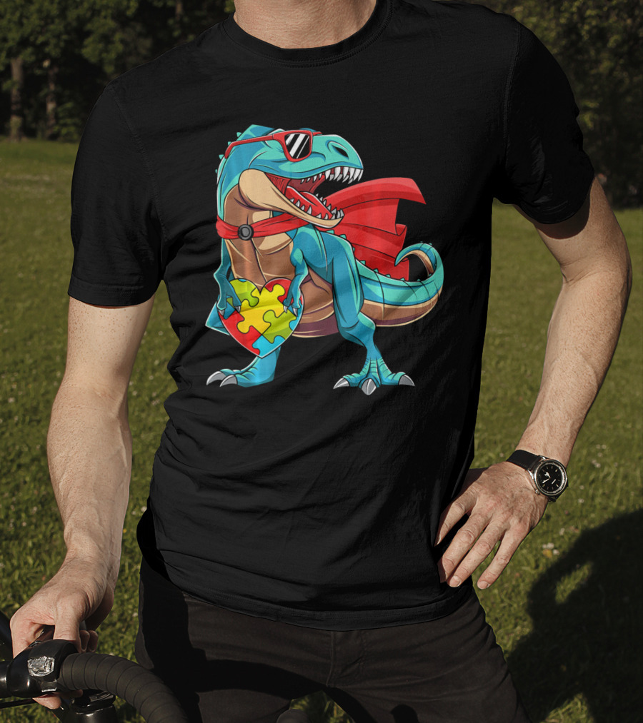 Autism Awareness Dinosaur Puzzle With Superhero Cape And Sunglasses T-Shirt