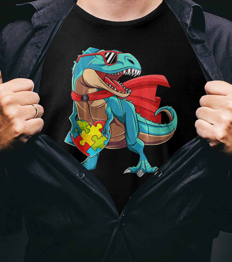 Autism Awareness Dinosaur Puzzle With Superhero Cape And Sunglasses T-Shirt