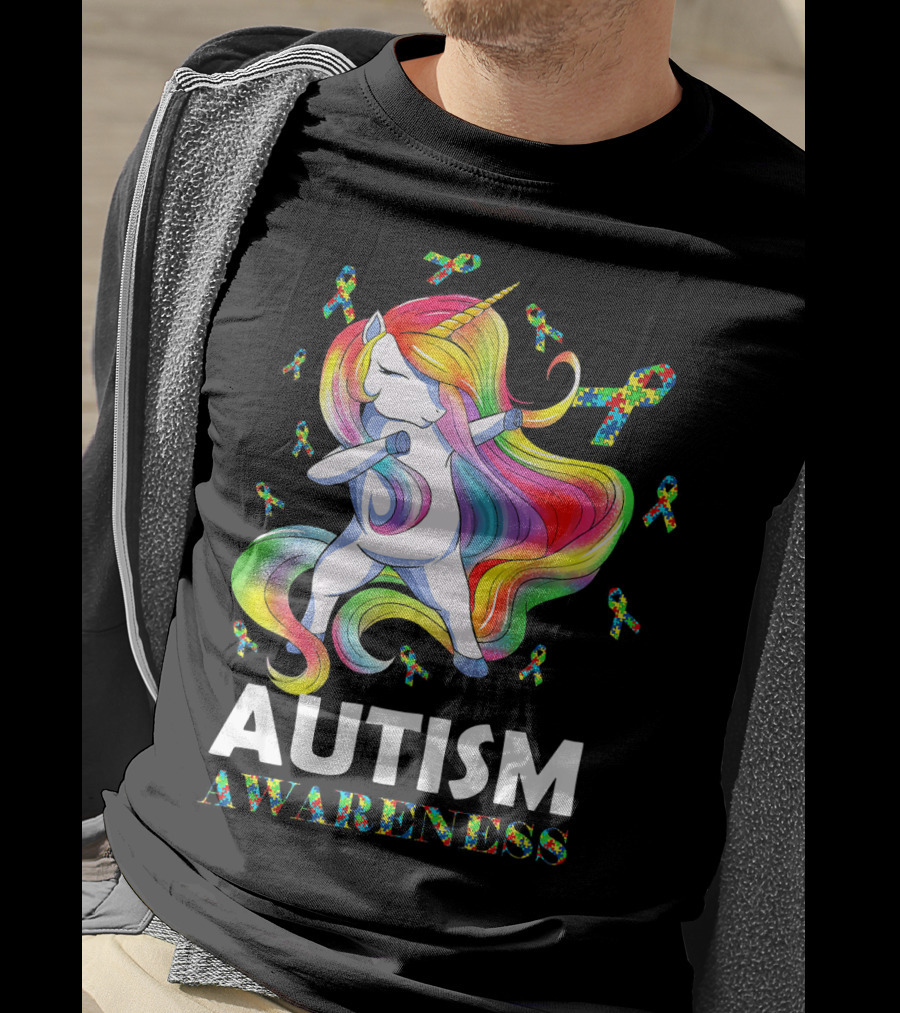 Autism Awareness Dabbing Unicorn With Colorful Puzzle Ribbons T-Shirt