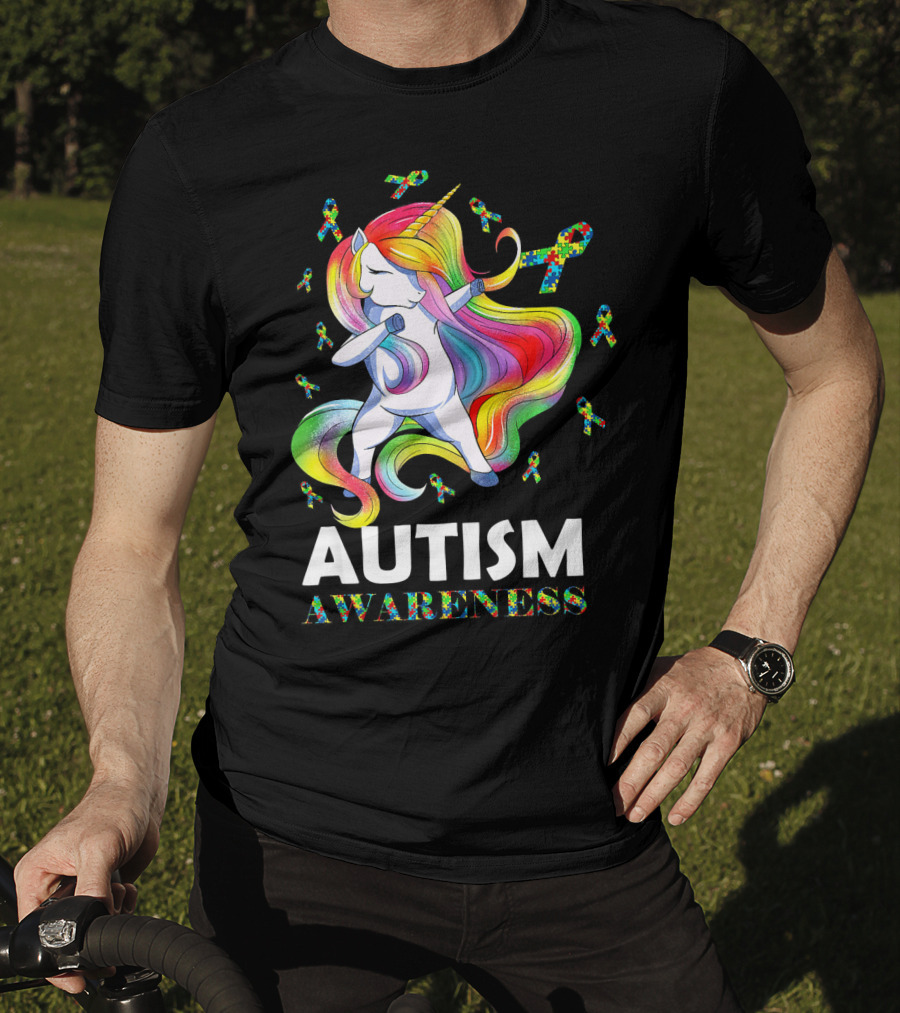Autism Awareness Dabbing Unicorn With Colorful Puzzle Ribbons T-Shirt