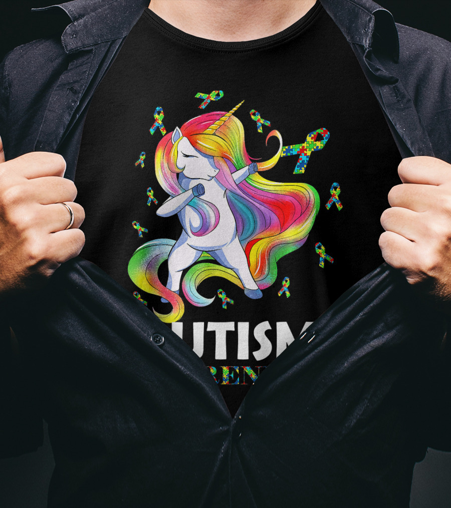 Autism Awareness Dabbing Unicorn With Colorful Puzzle Ribbons T-Shirt