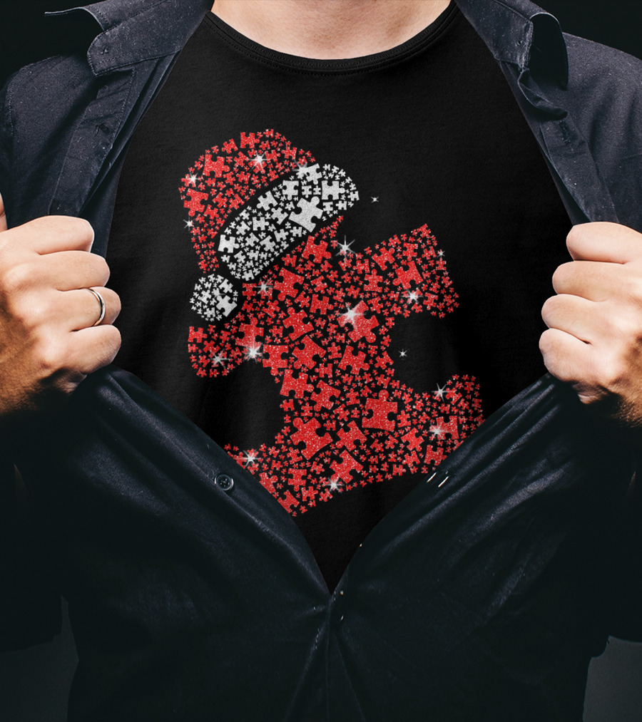 Puzzle Pieces Santa Hat Autism Awareness T-Shirt