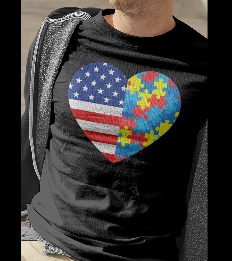 American Flag Heart Autism Awareness Puzzle Piece T-Shirt