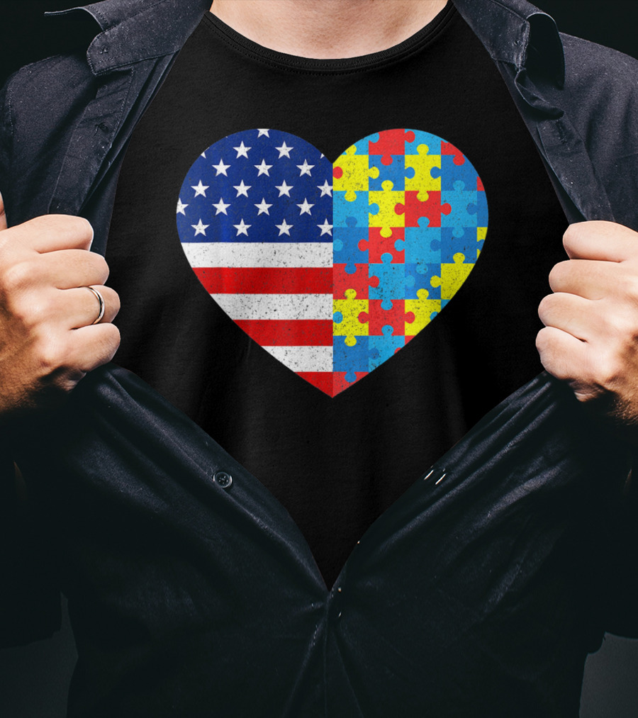 American Flag Heart Autism Awareness Puzzle Piece T-Shirt