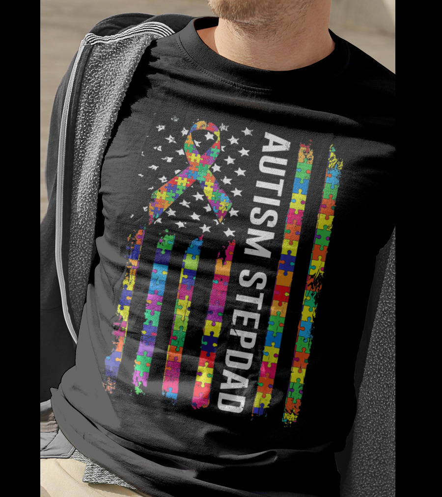 Autism Stepdad American Flag Puzzle T-Shirt