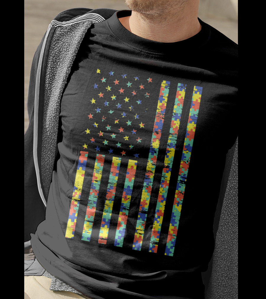 American Flag Puzzle Autism Awareness Stars T-Shirt